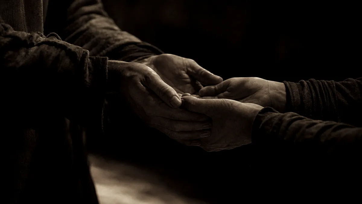 Two pairs of hands meeting in a practice of care.