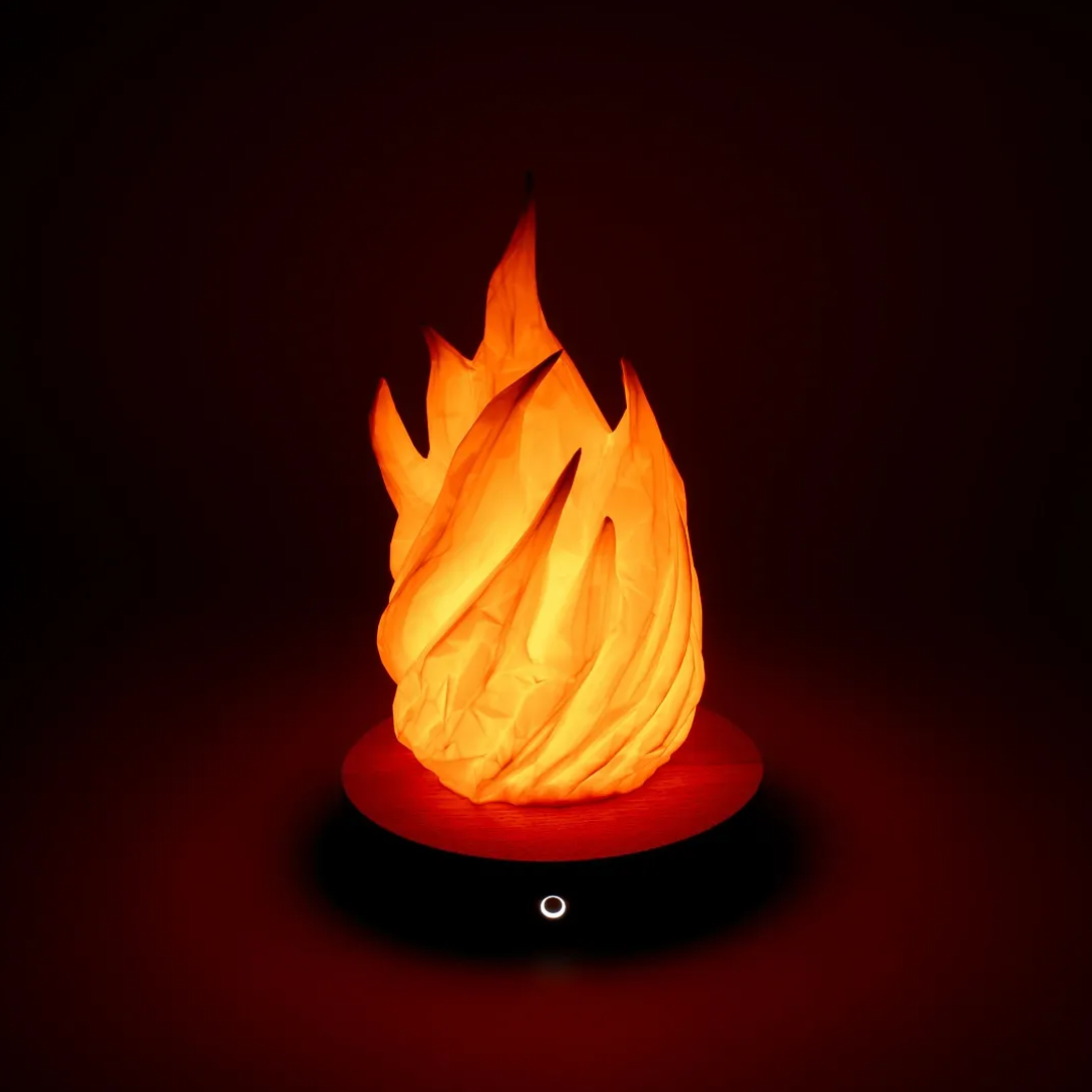 The Wyrd Technologies light glowing in the shape of a flame.